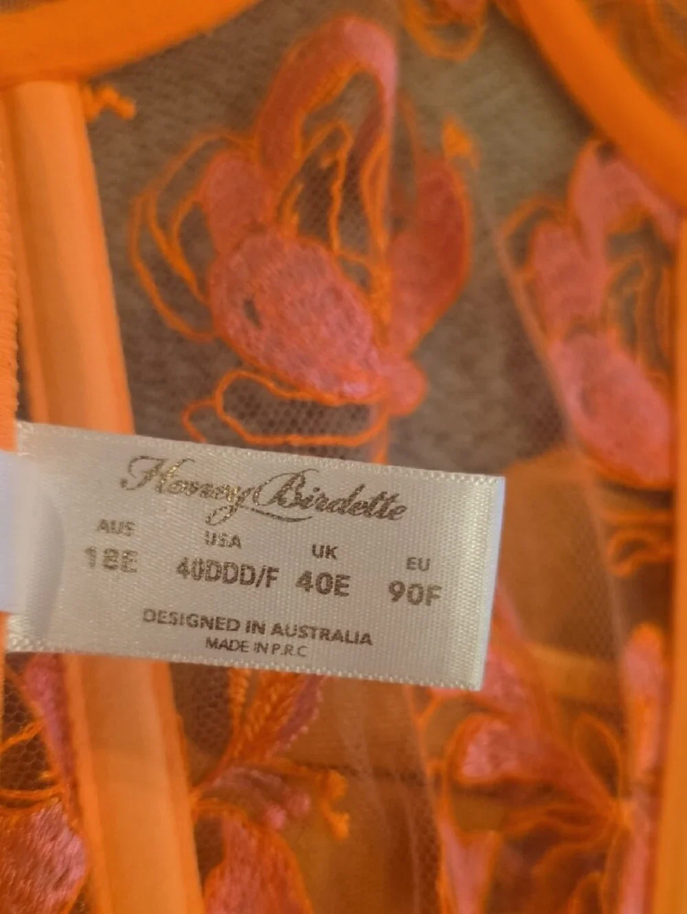 Honey Birdette Orange Sheer Bustier & Bikini Set with Pink Floral Embroidery